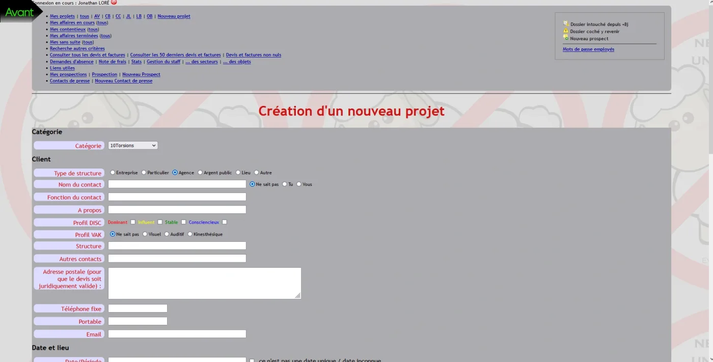 Formulaire de création d'un projet - Avant