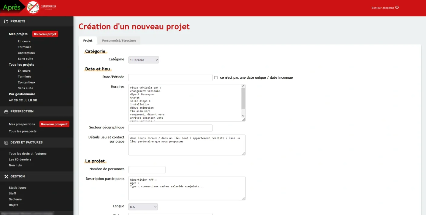 Formulaire de création d'un projet - Après
