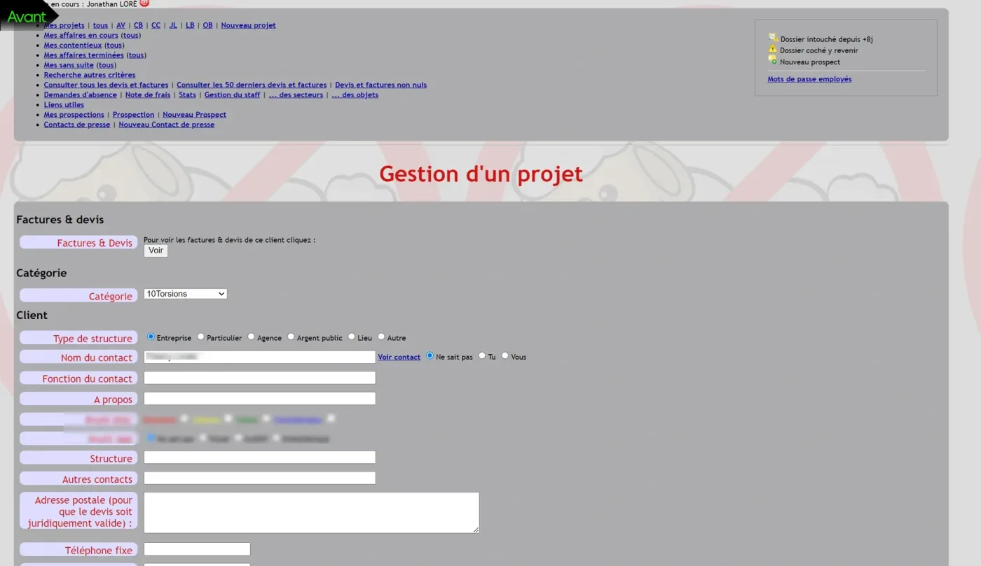 Formulaire de gestion d'un projet - Avant