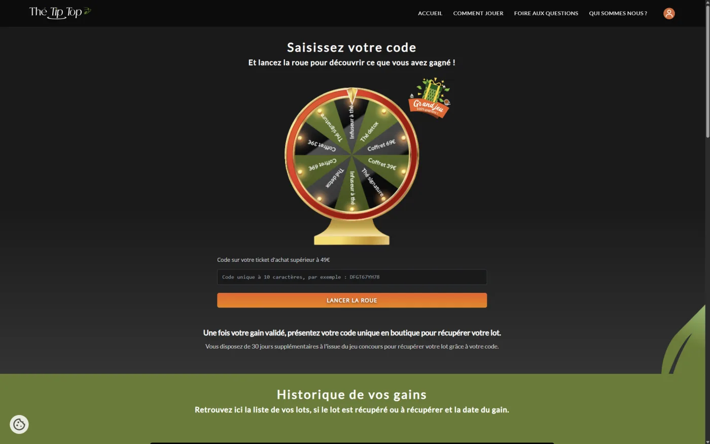 Jeu concours saisie du code
