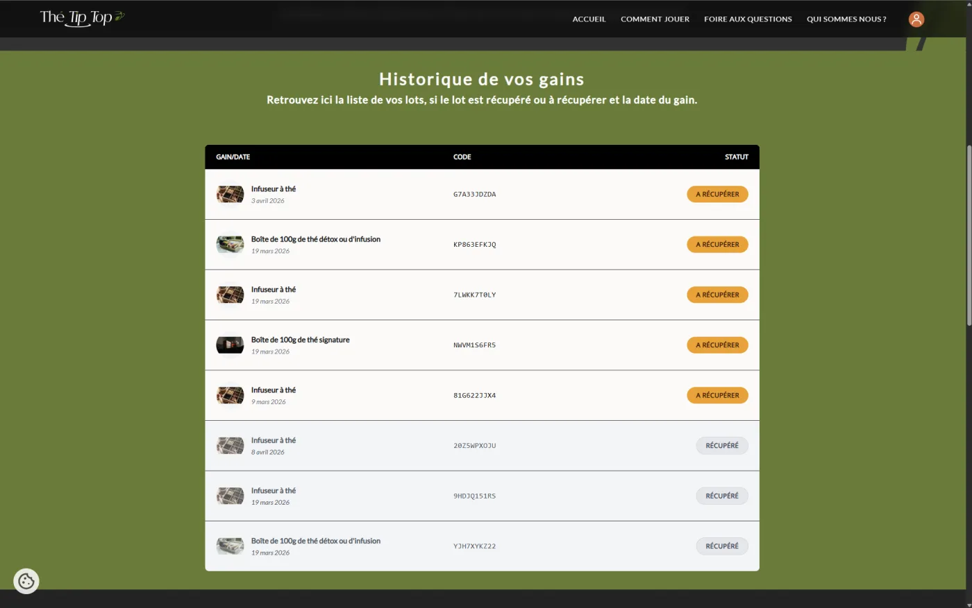 Jeu concours historique des gains